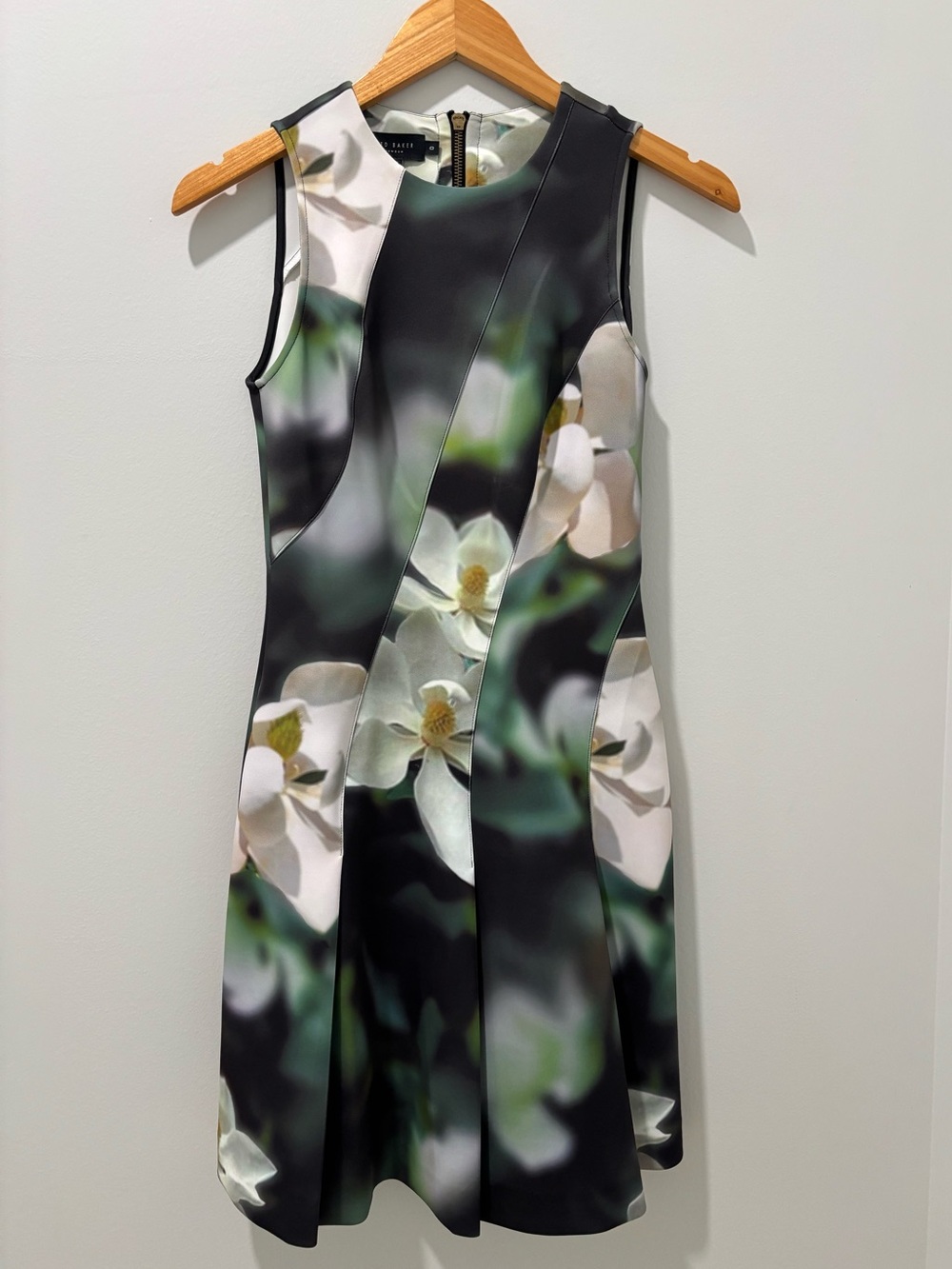 Ted Baker Black, White & Green Floral Fit-and-Flare Mini Dress